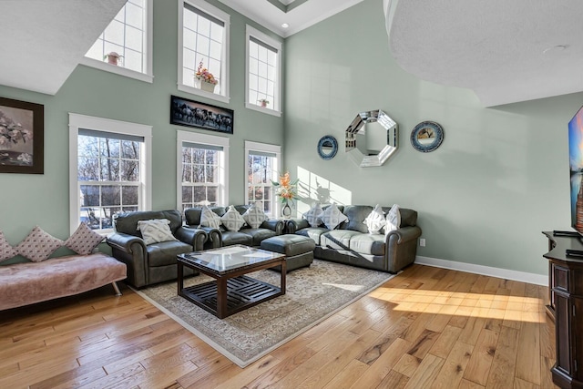 living room featuring light wood-type flooring and a high ceiling