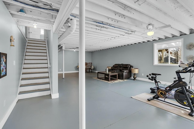 workout room featuring ceiling fan