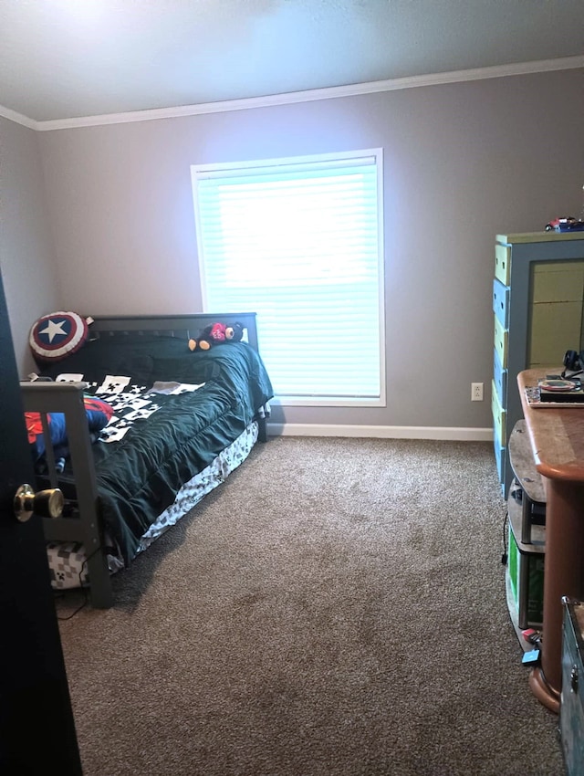 carpeted bedroom featuring crown molding