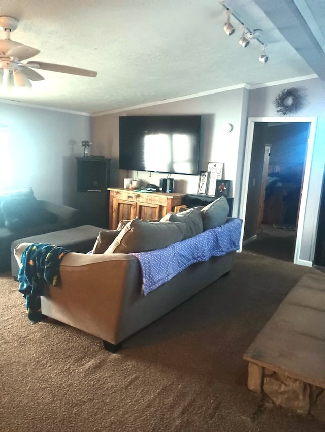 living room featuring dark colored carpet, track lighting, ceiling fan, and ornamental molding