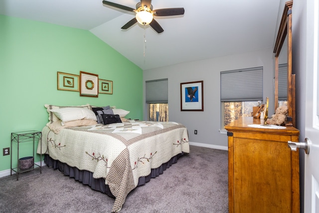 bedroom with carpet flooring, ceiling fan, and lofted ceiling