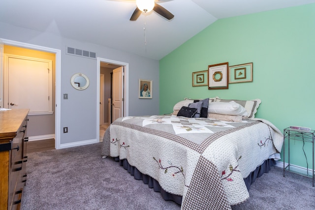 carpeted bedroom featuring ceiling fan and lofted ceiling