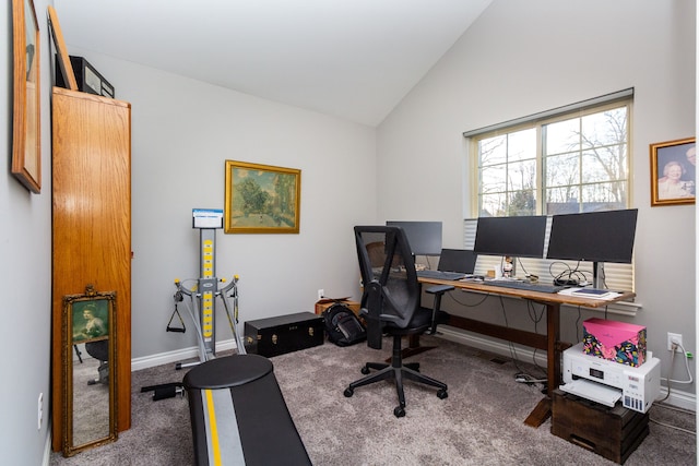 office featuring carpet flooring and lofted ceiling