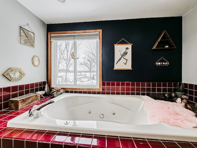 bathroom with a relaxing tiled tub