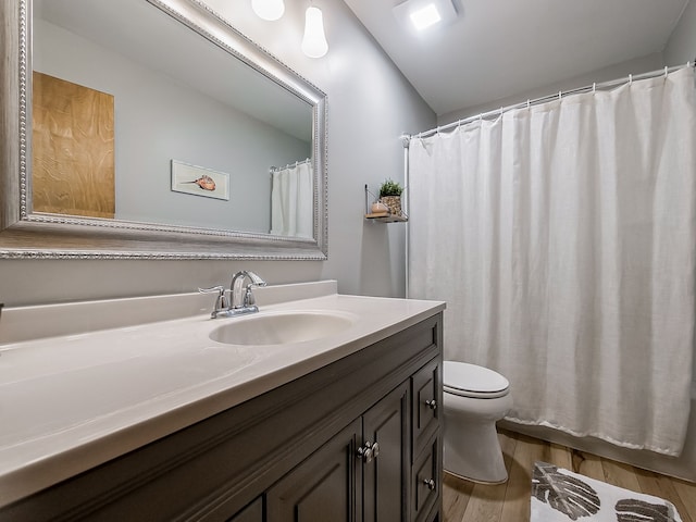 bathroom featuring toilet, wood-type flooring, and vanity