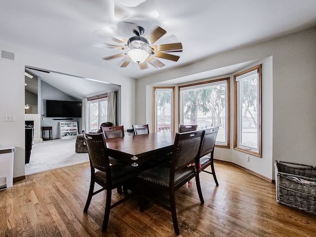 dining space featuring ceiling fan, light hardwood / wood-style floors, and a healthy amount of sunlight