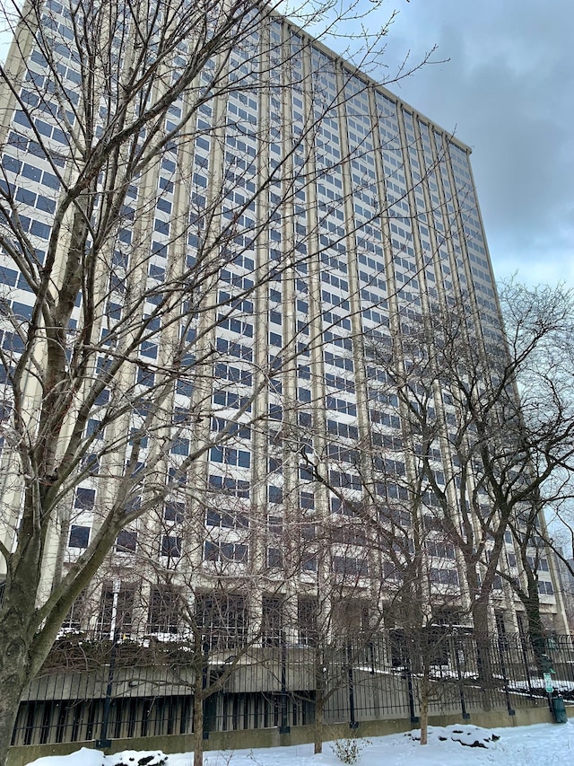 view of snow covered building