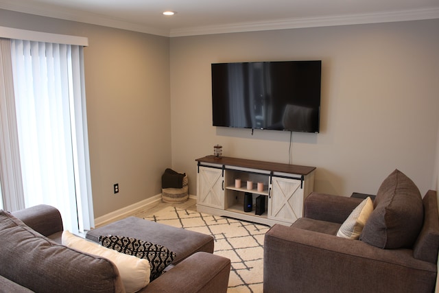 living room with ornamental molding