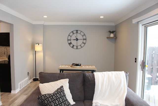 living room featuring light hardwood / wood-style floors, crown molding, and sink