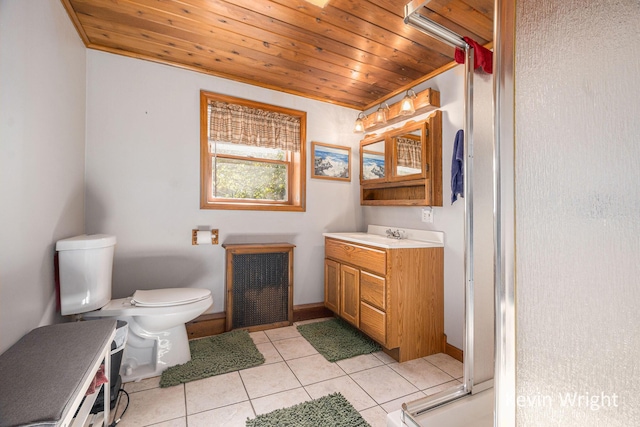 bathroom featuring vanity, a shower with door, tile patterned flooring, toilet, and wood ceiling