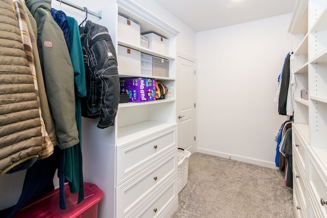 walk in closet with light colored carpet