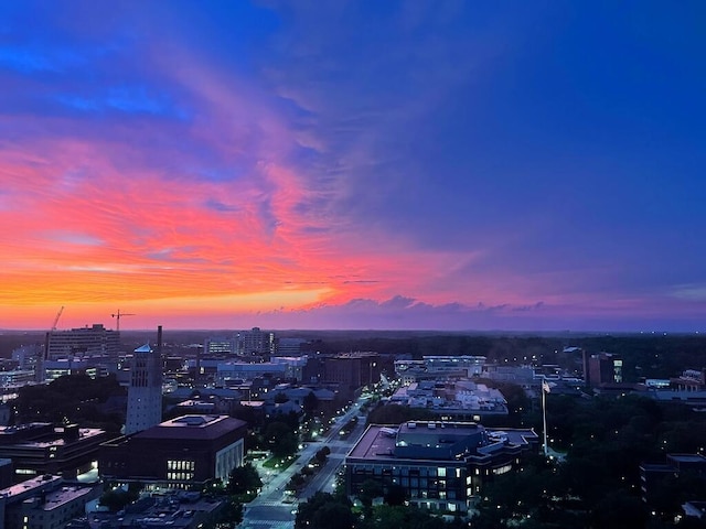 view of aerial view at dusk