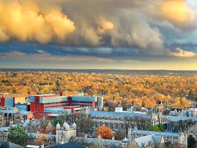 view of aerial view at dusk