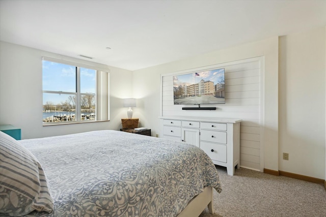 bedroom with light carpet