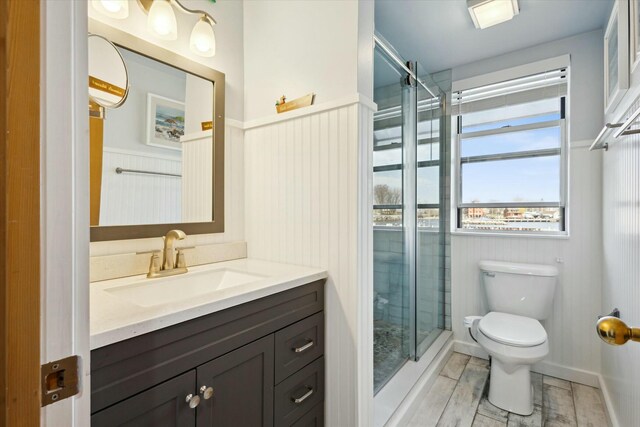 bathroom with toilet, vanity, and walk in shower
