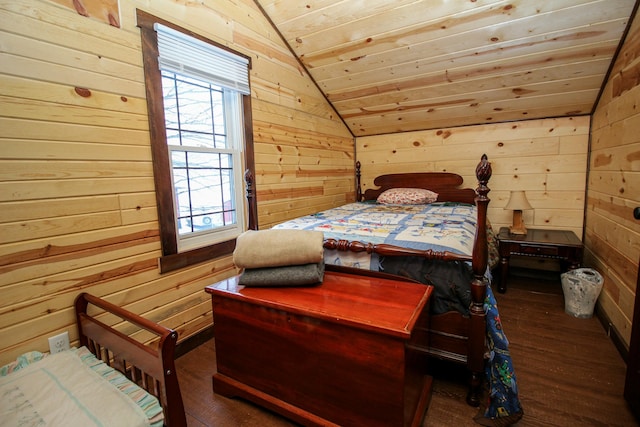 bedroom with dark wood-type flooring, vaulted ceiling, wooden ceiling, and wood walls