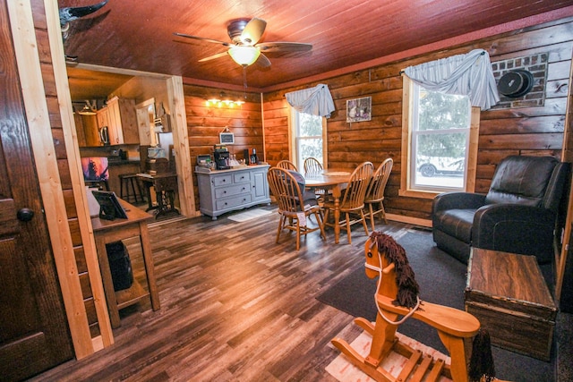 dining area featuring ceiling fan, hardwood / wood-style floors, log walls, and wood ceiling