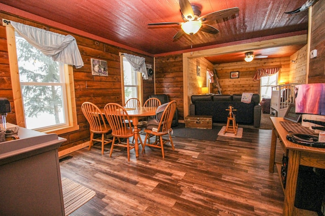 dining area featuring log walls, dark hardwood / wood-style flooring, ceiling fan, and wood ceiling