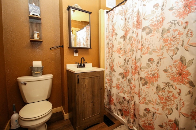 bathroom featuring vanity, toilet, and wood-type flooring