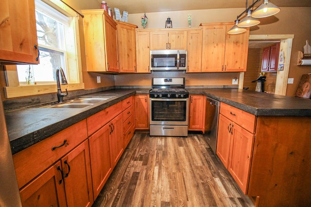 kitchen featuring sink, hanging light fixtures, dark hardwood / wood-style floors, and appliances with stainless steel finishes