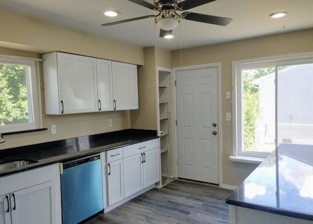 kitchen with white cabinets, ceiling fan, sink, dishwasher, and light hardwood / wood-style floors