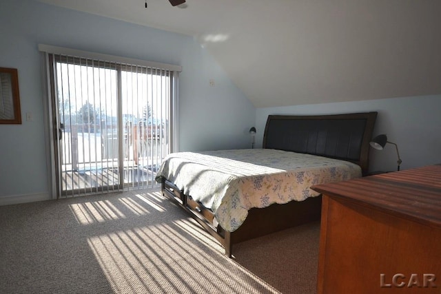 carpeted bedroom featuring access to exterior, a water view, ceiling fan, and lofted ceiling