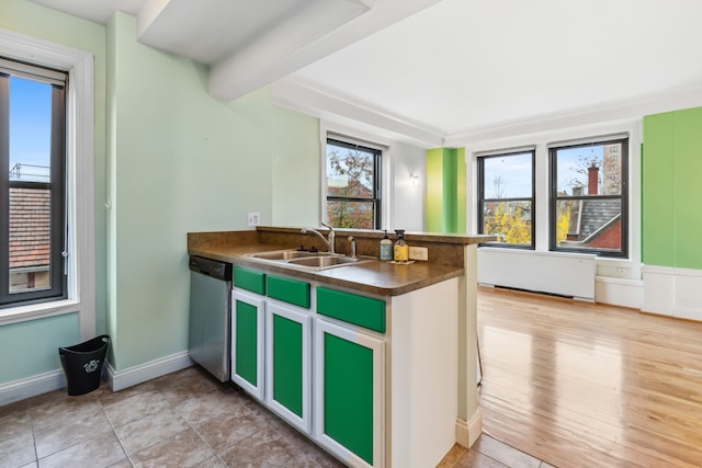 kitchen featuring kitchen peninsula, stainless steel dishwasher, sink, beamed ceiling, and radiator heating unit