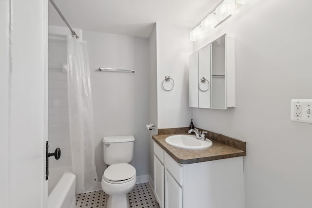 full bathroom with vanity, toilet, and shower / bathtub combination with curtain