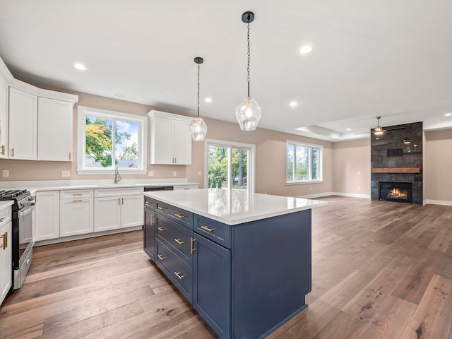 kitchen featuring blue cabinetry, white cabinetry, and stainless steel gas range