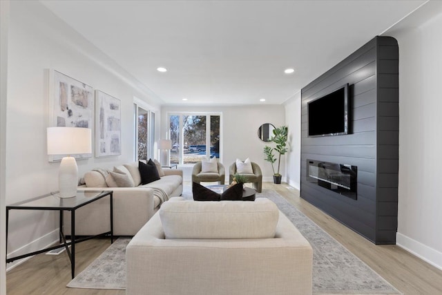 living room featuring a large fireplace and light hardwood / wood-style flooring