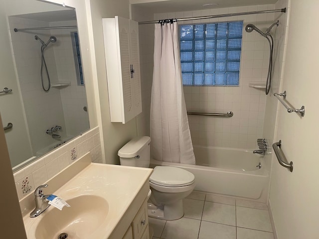 full bath with toilet, shower / bathtub combination with curtain, vanity, and tile patterned floors