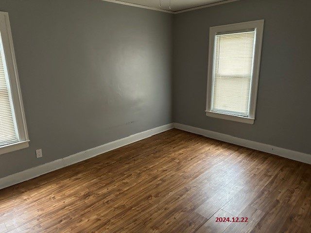 unfurnished room with wood-type flooring and crown molding