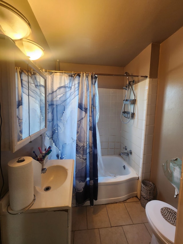 full bathroom with tile patterned flooring, vanity, toilet, and shower / bath combo with shower curtain