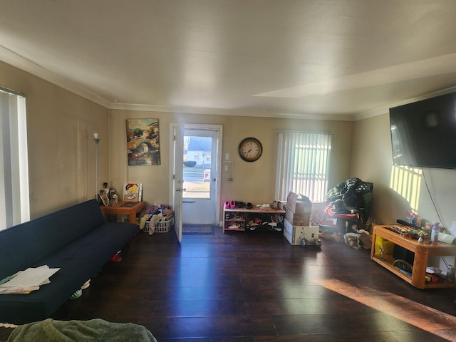 living room with dark hardwood / wood-style floors and crown molding