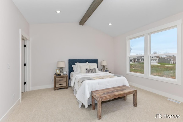 bedroom with visible vents, light colored carpet, baseboards, lofted ceiling with beams, and recessed lighting