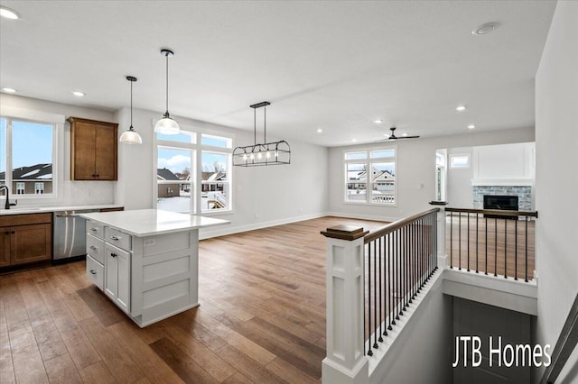 kitchen featuring stainless steel dishwasher, open floor plan, hardwood / wood-style floors, and a sink