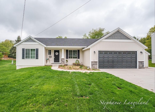 5337 Division Ave N, Comstock Park, MI 49321 - ranch-style house with a garage, a porch, concrete driveway, a front yard, and stone siding