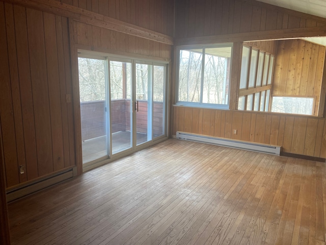 8899 Dwyer Rd, Howell, MI 48855 - unfurnished sunroom featuring baseboard heating, wood-type flooring, wood walls, and plenty of natural light