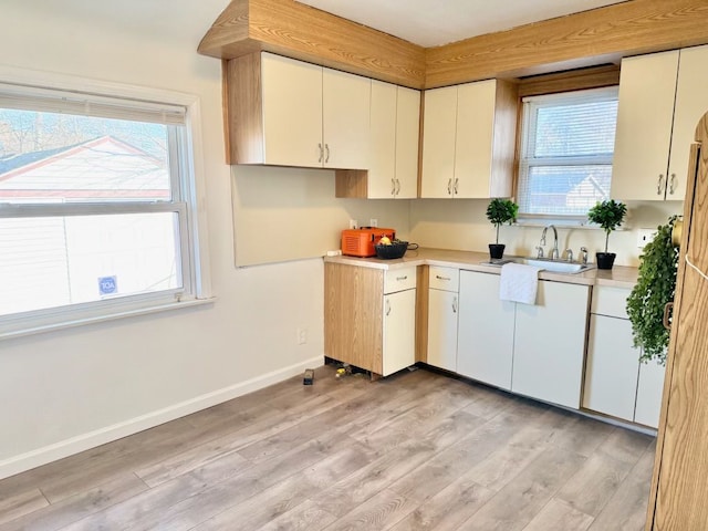 kitchen with white cabinetry, light hardwood / wood-style flooring, and sink