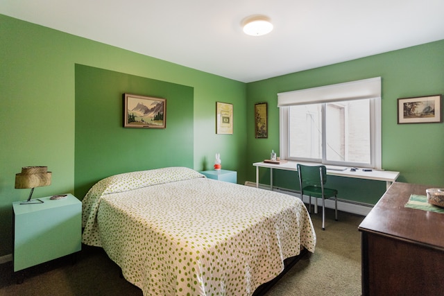 bedroom featuring carpet floors and a baseboard heating unit