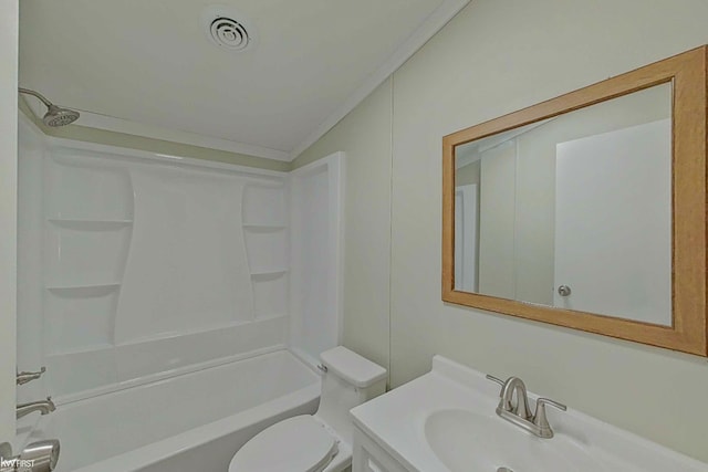 full bathroom with bathtub / shower combination, vanity, toilet, and ornamental molding