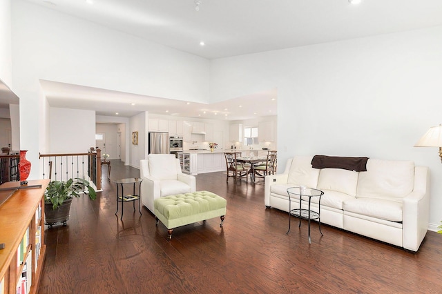 living room featuring a towering ceiling and dark wood-type flooring