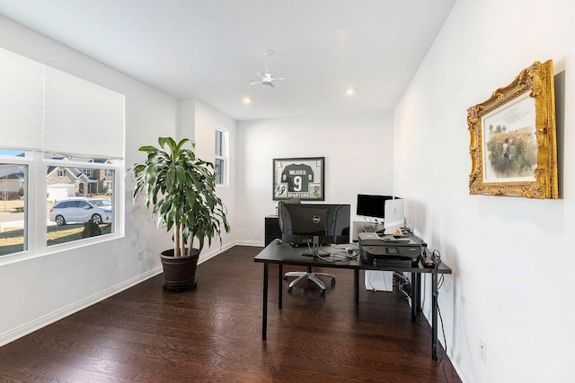 home office featuring hardwood / wood-style flooring and ceiling fan