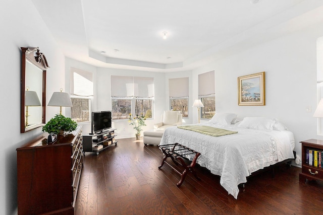 bedroom with a raised ceiling and dark hardwood / wood-style flooring