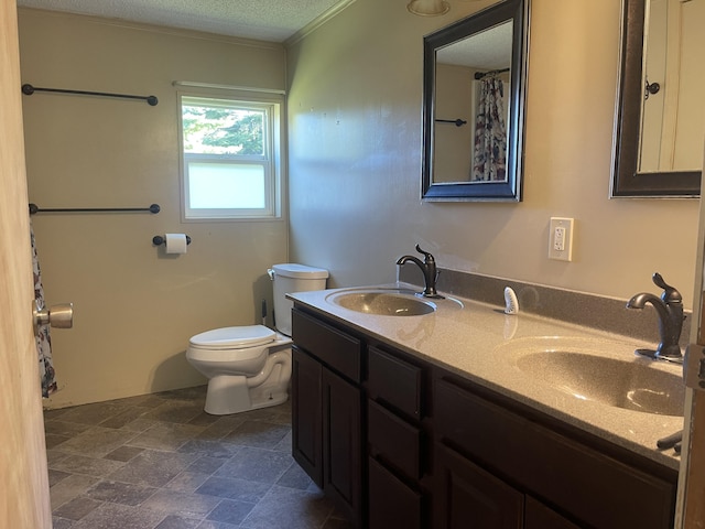 bathroom featuring vanity, toilet, and crown molding