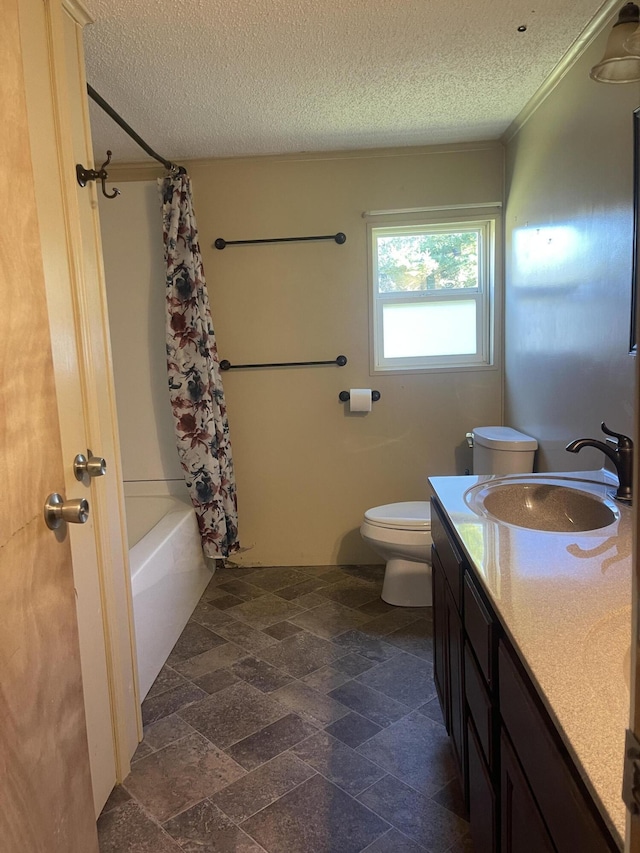 full bathroom with vanity, a textured ceiling, toilet, and shower / bathtub combination with curtain