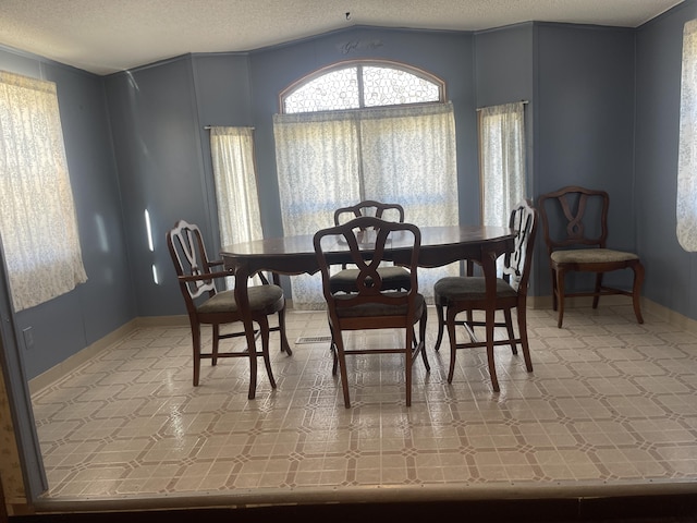 dining space with a textured ceiling and lofted ceiling