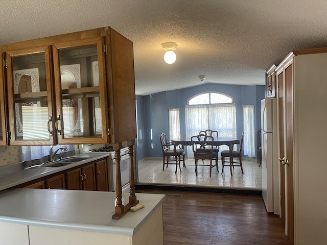 kitchen with sink, dark hardwood / wood-style floors, kitchen peninsula, vaulted ceiling, and white appliances