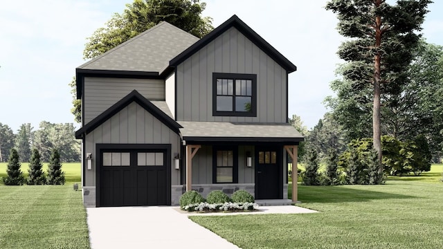 view of front of house with covered porch, a garage, and a front lawn