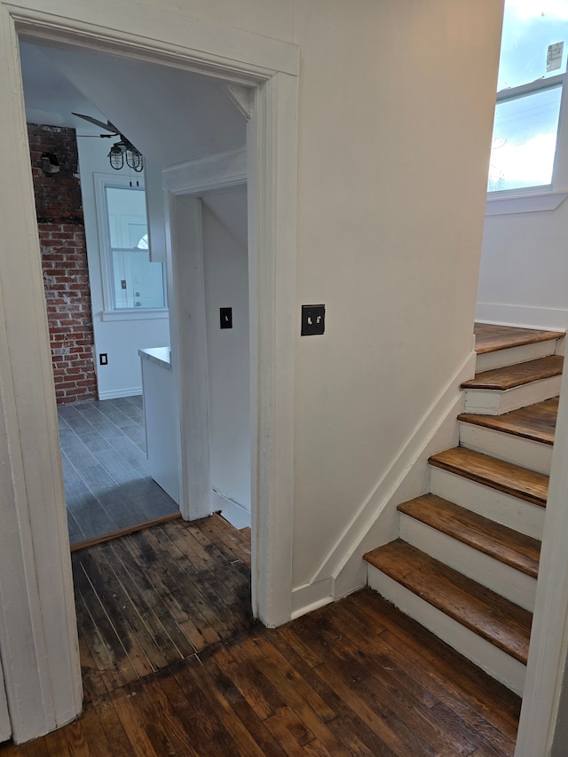 stairs featuring ceiling fan and wood-type flooring